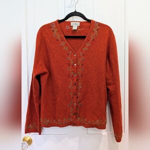 Vintage L.L. Bean Lamswool And Silk Burnt Orange Cardigan with Floral Embroidery